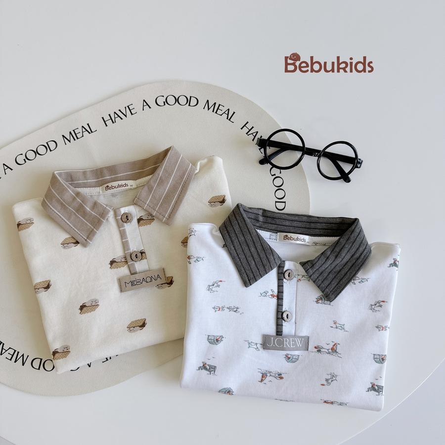 SB2122- bộ polo phối cổ tay nẹp, in họa tiết ngôi nhà, bánh quy