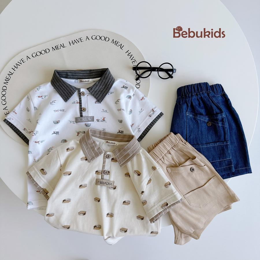 SB2122- bộ polo phối cổ tay nẹp, in họa tiết ngôi nhà, bánh quy