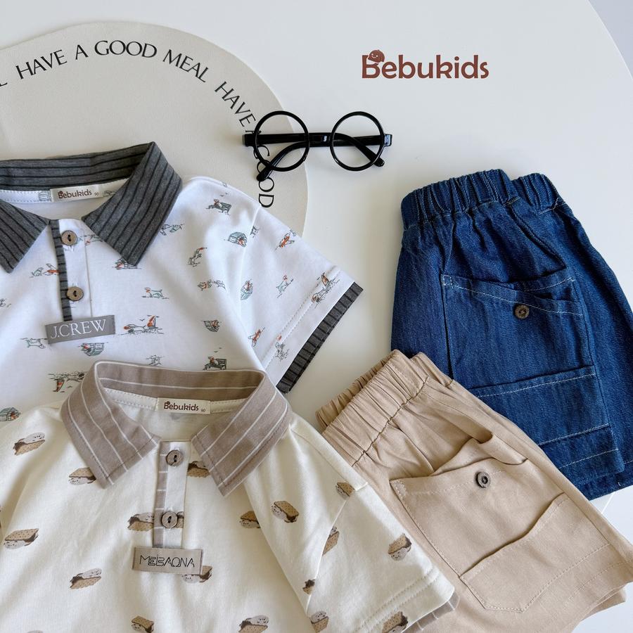 SB2122- bộ polo phối cổ tay nẹp, in họa tiết ngôi nhà, bánh quy