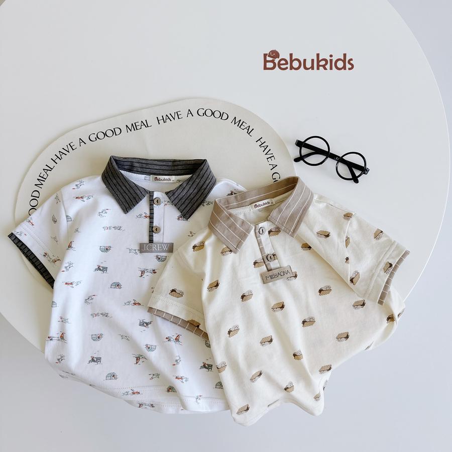 SB2122- bộ polo phối cổ tay nẹp, in họa tiết ngôi nhà, bánh quy