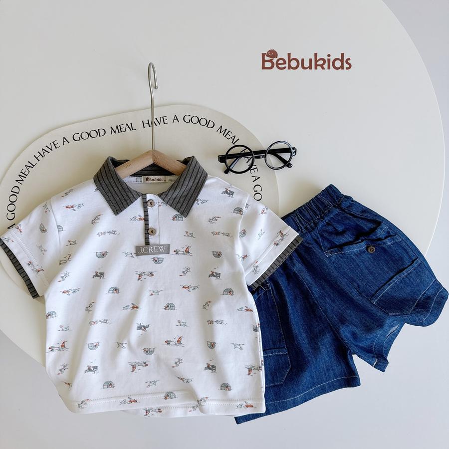 SB2122- bộ polo phối cổ tay nẹp, in họa tiết ngôi nhà, bánh quy