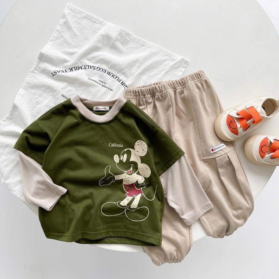 SB2171-bộ dài tay phối cổ, tay, thân in mickey rêu