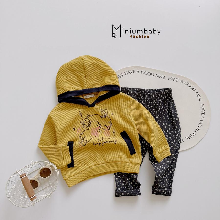 SB2094- bộ dài tay có mũ bé gái in thỏ vàng