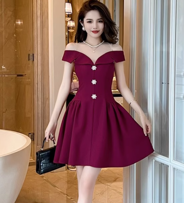 15141-Đầm xoè bẹt vai màu hồng đậm ( chéo nhật)_thumbnail_0