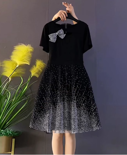 16118-Đầm xòe đen phối voan lưới ép nhũ ( thun mịn, voan kim tuyến)_thumbnail_0