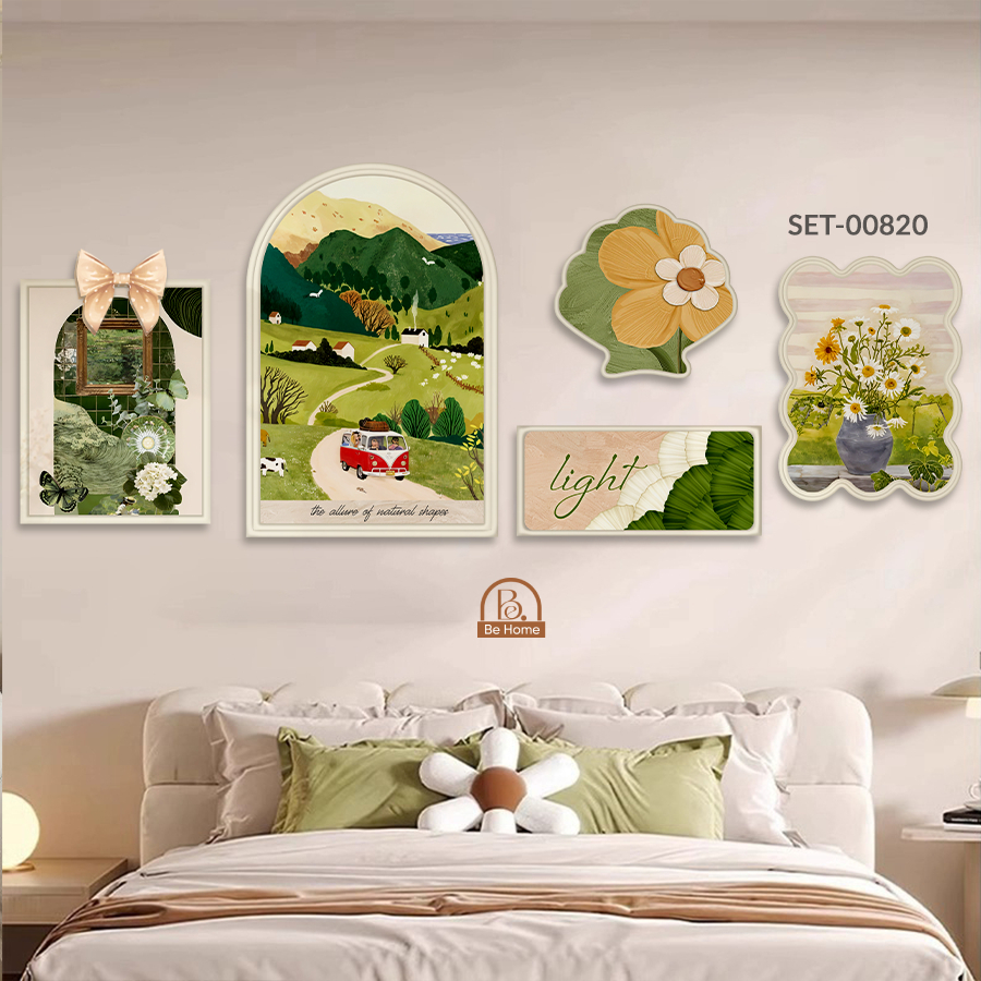 (BST Mới) Set 5 Tranh Dán Tường Họa Tiết Phù Điêu, Decor Phòng Khách, Phòng Ngủ, Nail, Mi, LiveStream- BeHome Decor