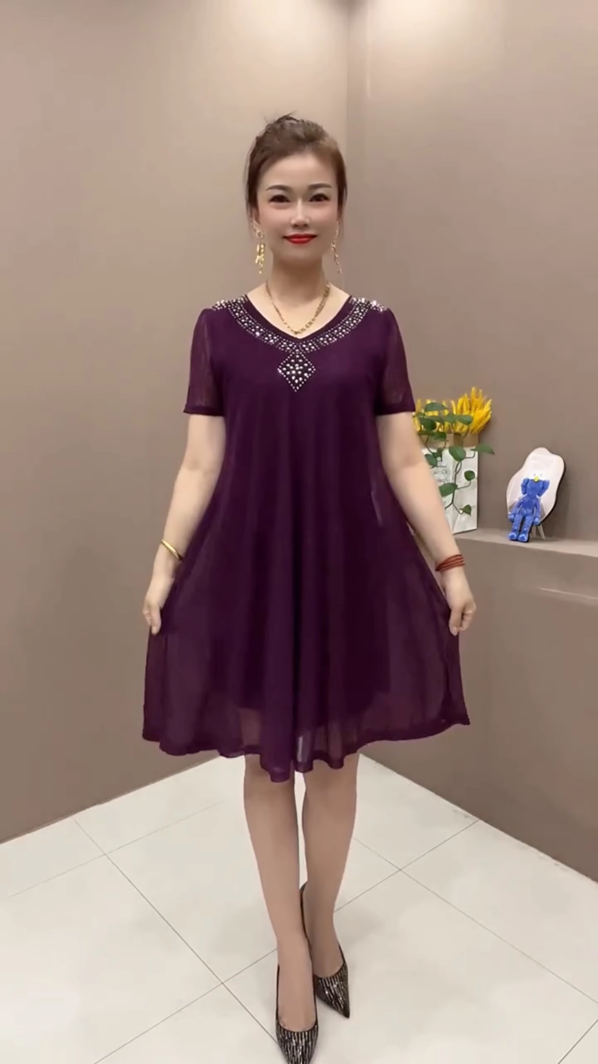 16054-Đầm voan xòe tím cổ ép hạt ( voan, lót)_thumbnail_0