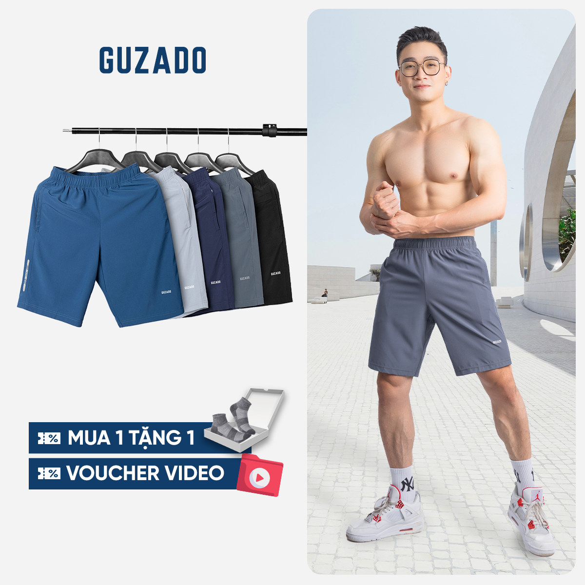 Quần Đùi Nam GUZADO Vải Gió Thể Thao Cạp Chun Co Giãn GSR01