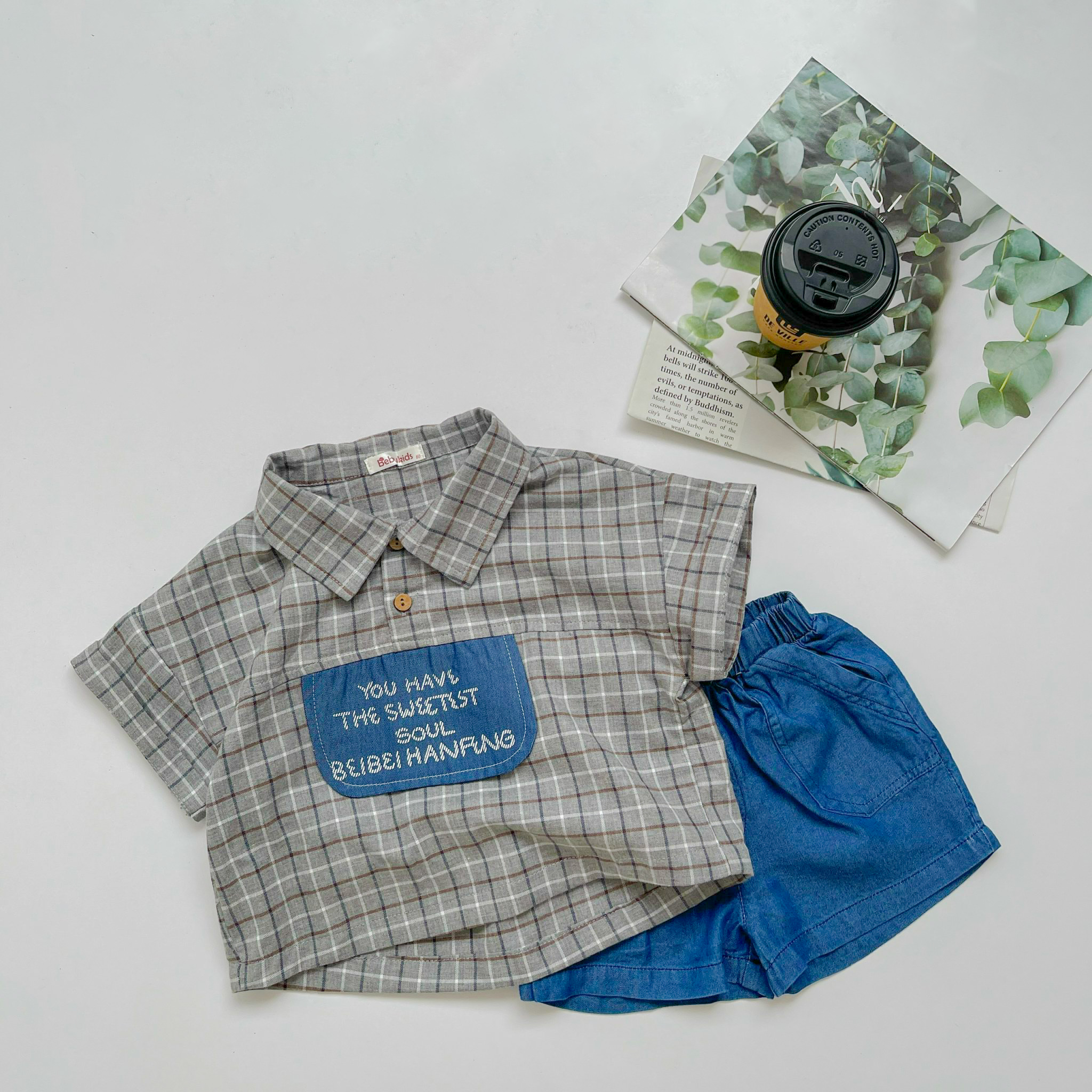SB1662- bộ sơ mi kẻ phối quần jean kẻ xanh
