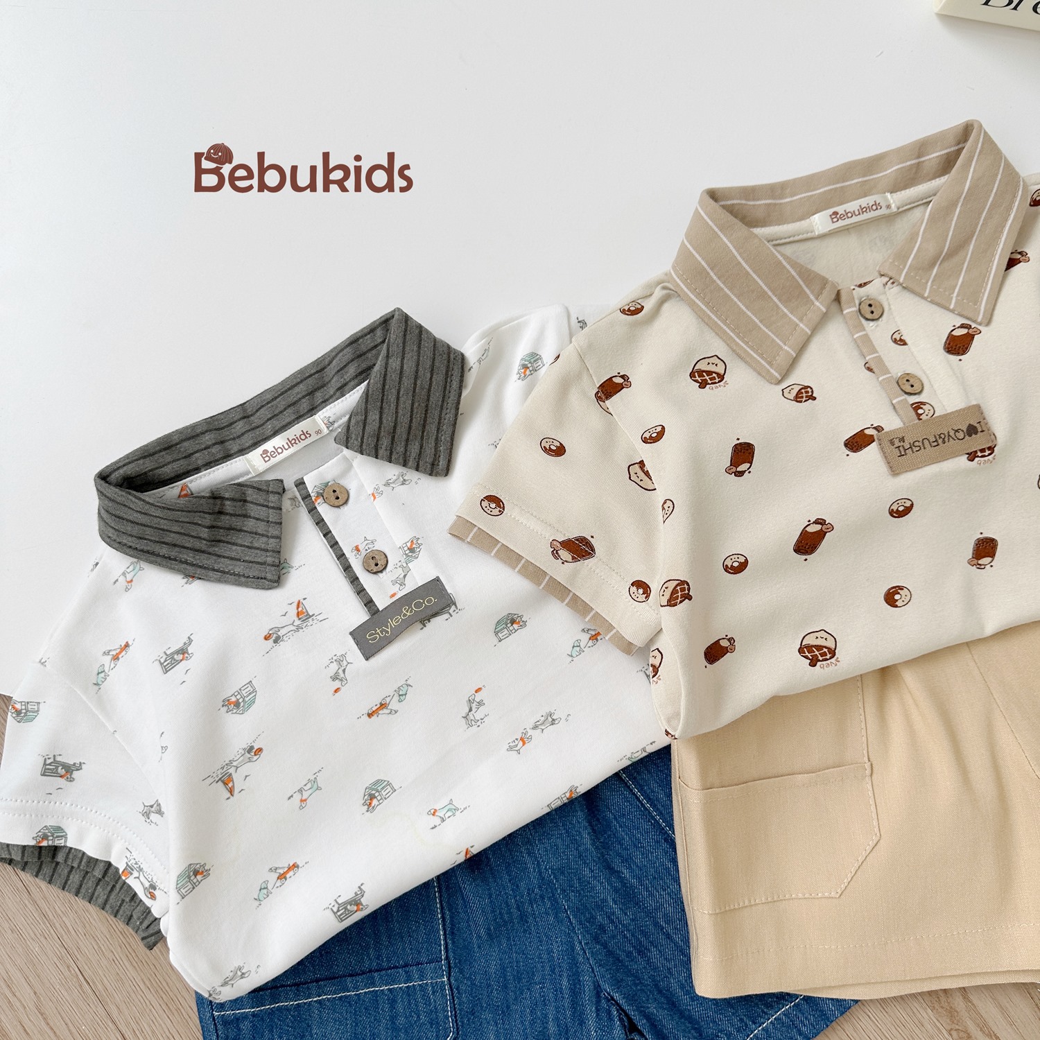 SB2122- bộ polo phối cổ tay nẹp, in họa tiết ngôi nhà, bánh quy