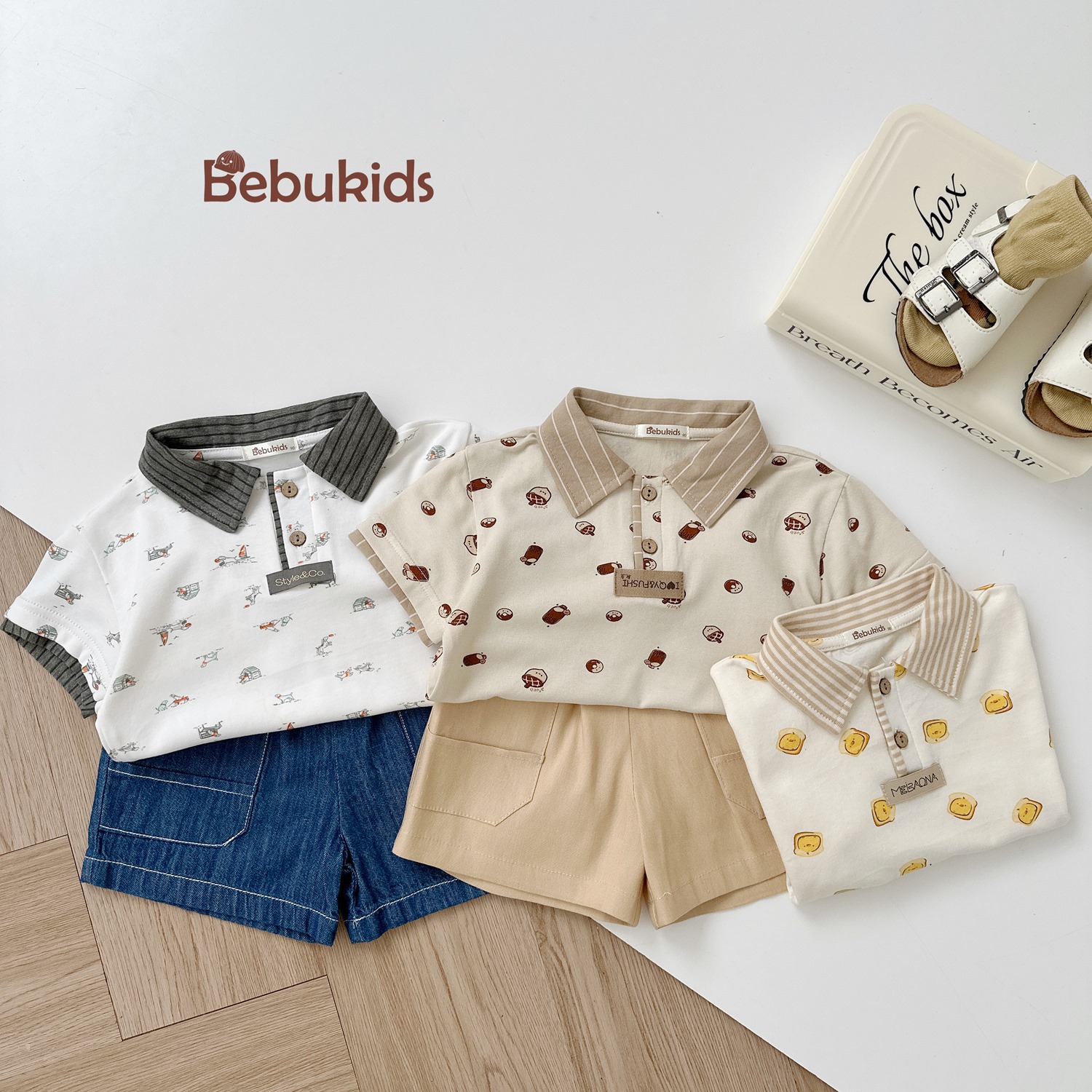 SB2122- bộ polo phối cổ tay nẹp, in họa tiết ngôi nhà, bánh quy