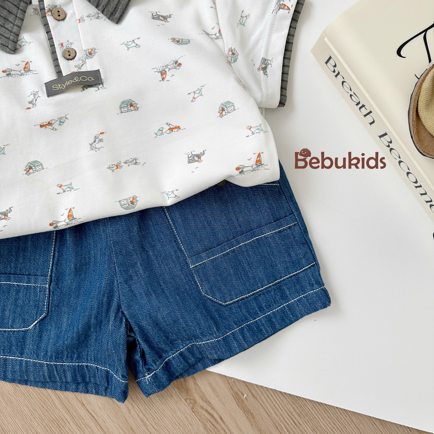 SB2122- bộ polo phối cổ tay nẹp, in họa tiết ngôi nhà, bánh quy