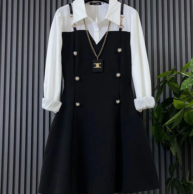 16055-Đầm xoè đen giả yếm phối sơ mi trắng tay dài ( chéo nhật, lụa)_thumbnail_1