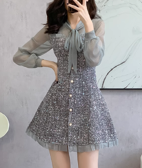 15760-Đầm suông A phối tay voan dài cổ kết nơ ( dạ text, voan)_thumbnail_1