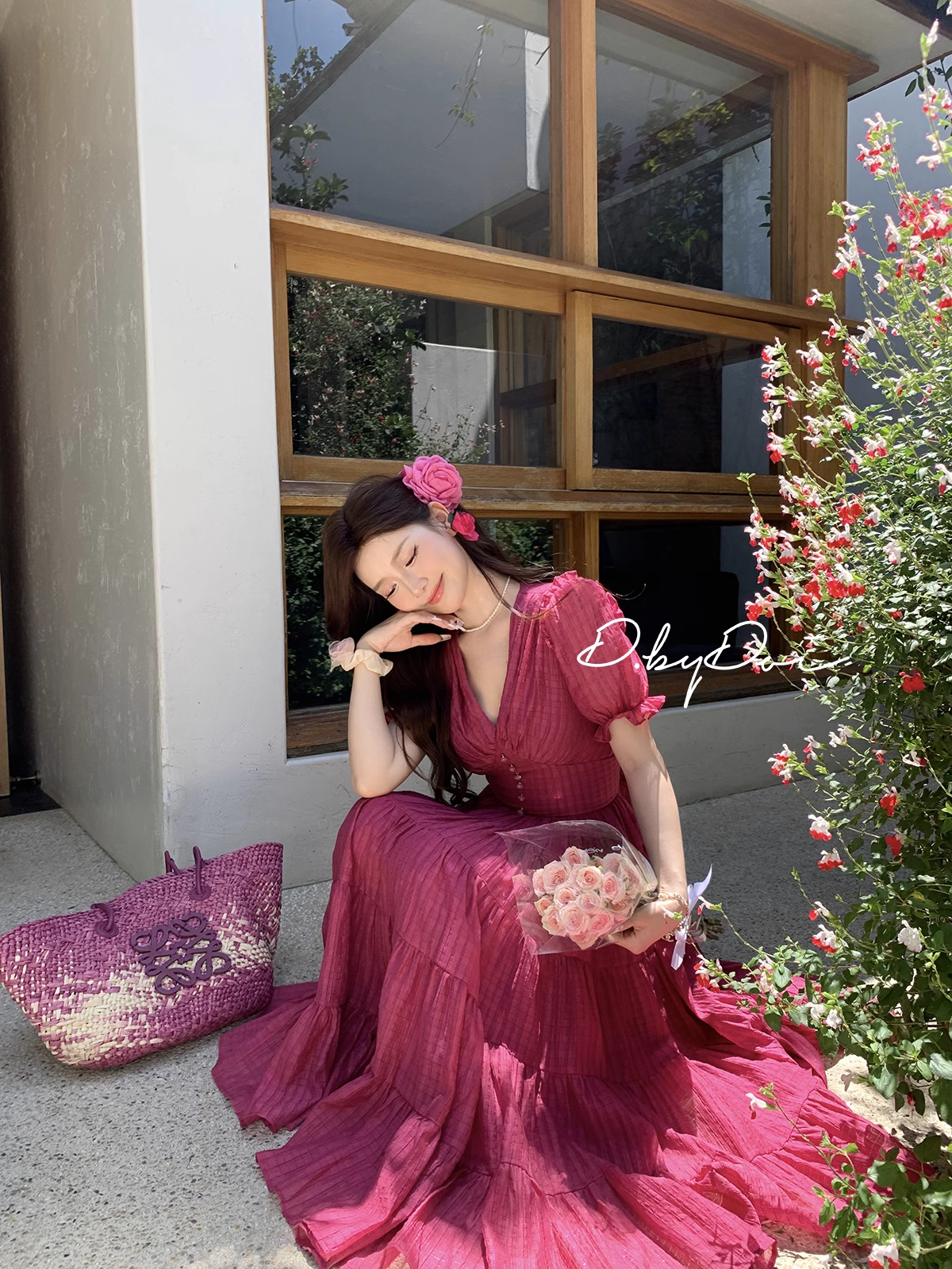 15773-Đầm voan xòe hồng nhún tầng cổ V ( voan tơ bọt, lót)_thumbnail_4