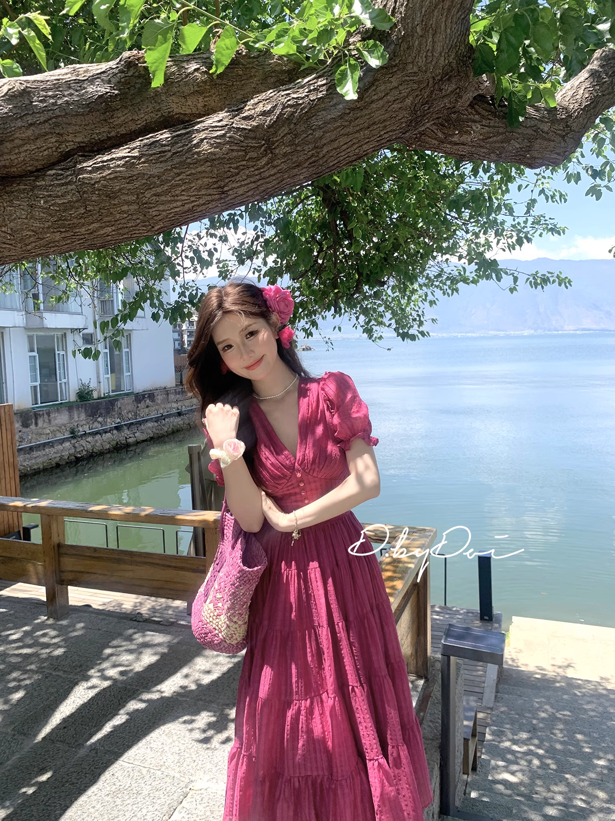 15773-Đầm voan xòe hồng nhún tầng cổ V ( voan tơ bọt, lót)_thumbnail_1