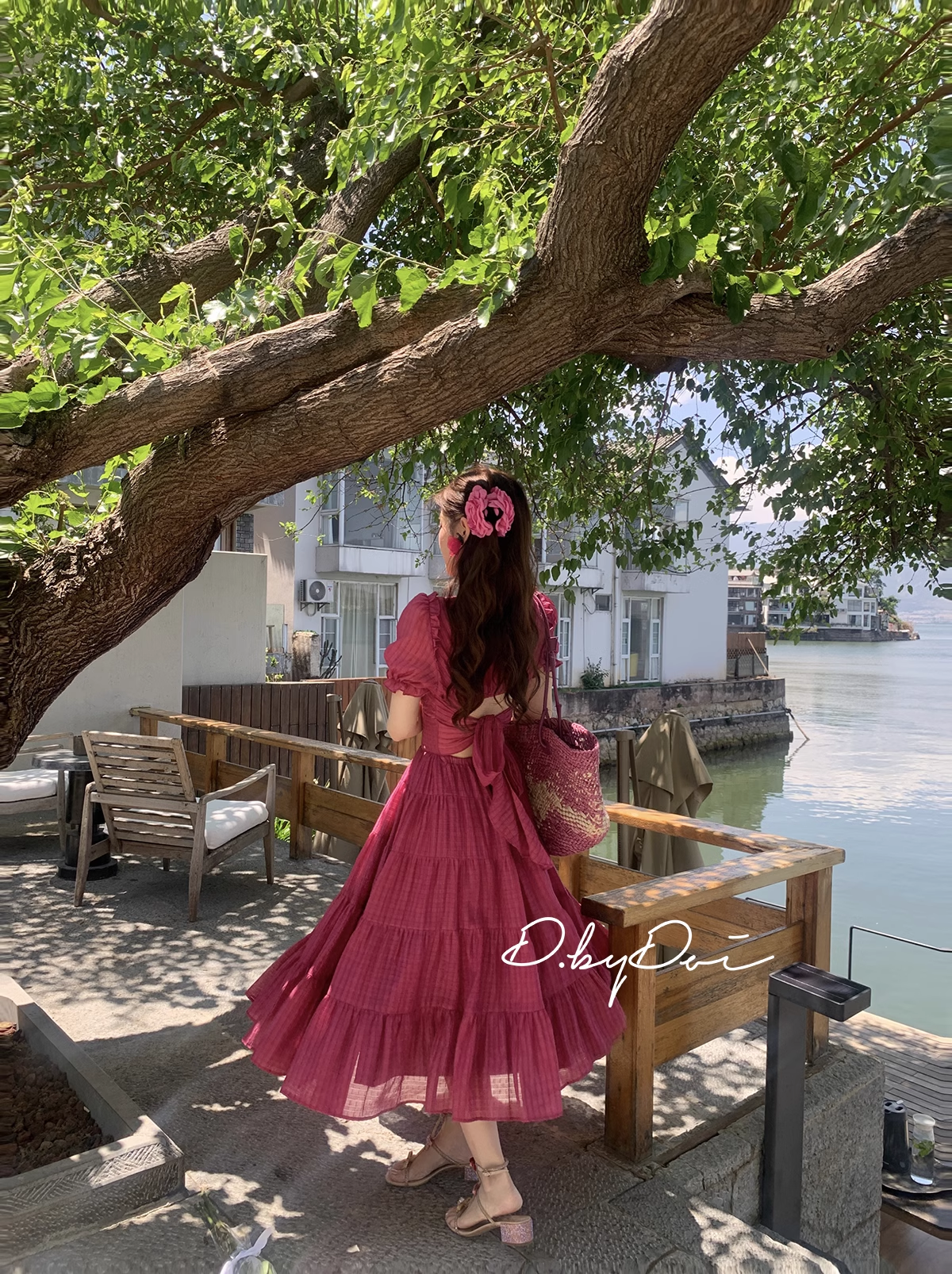 15773-Đầm voan xòe hồng nhún tầng cổ V ( voan tơ bọt, lót)_thumbnail_3