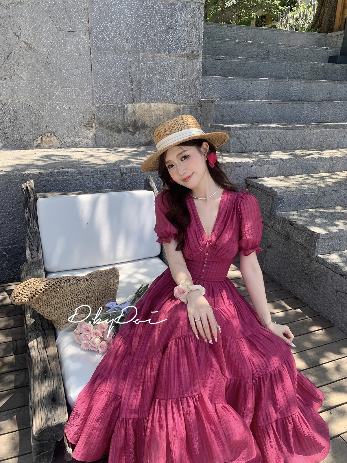 15773-Đầm voan xòe hồng nhún tầng cổ V ( voan tơ bọt, lót)_thumbnail_0