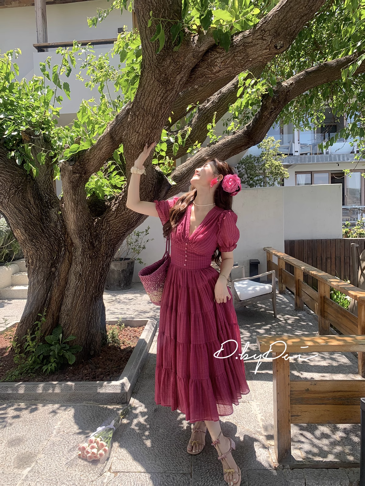 15773-Đầm voan xòe hồng nhún tầng cổ V ( voan tơ bọt, lót)_thumbnail_2