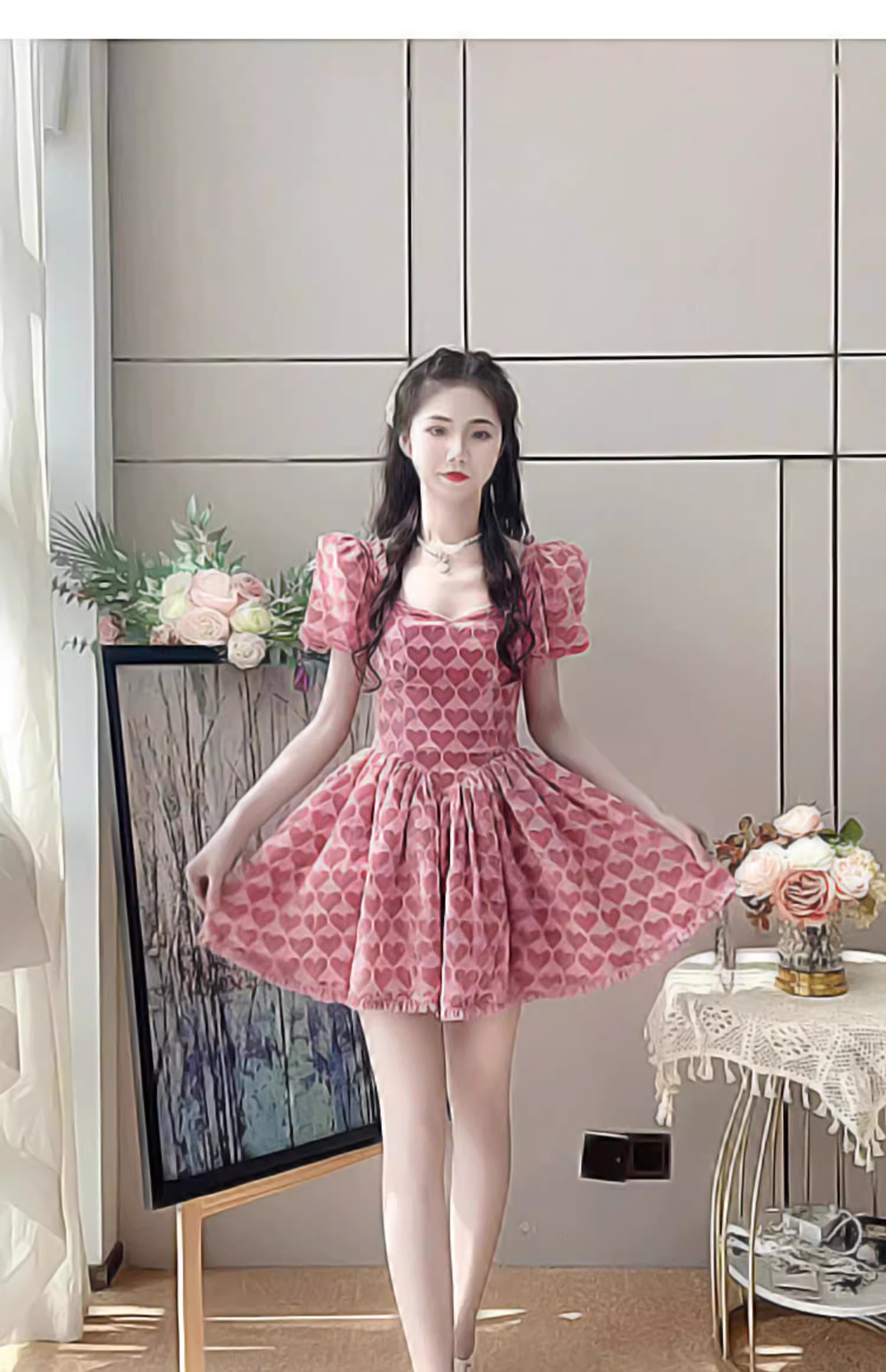 16078-Đầm xoè tiểu thư hoạ tiết tim hồng ( lụa, lót)_thumbnail_1