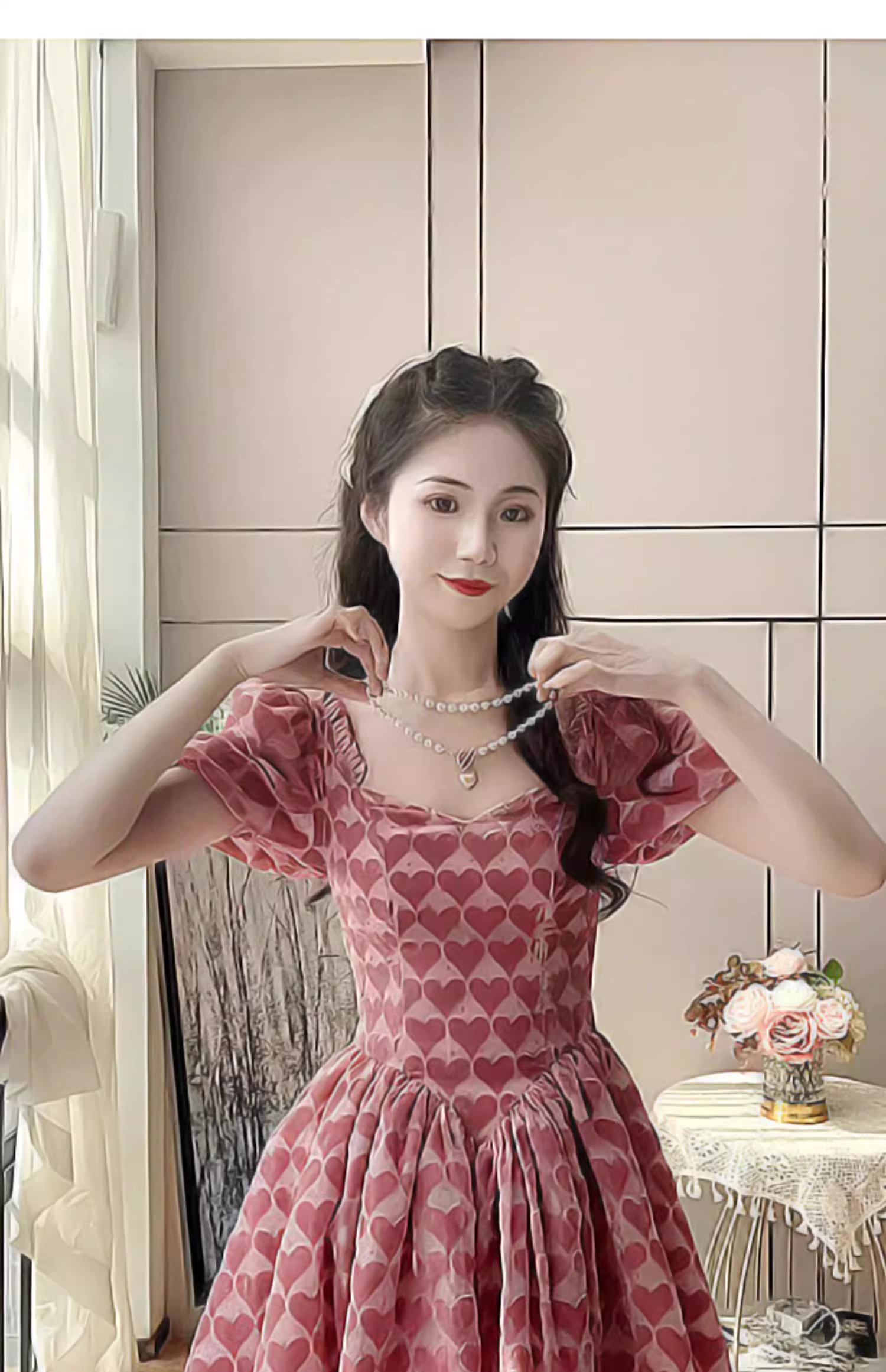 16078-Đầm xoè tiểu thư hoạ tiết tim hồng ( lụa, lót)_thumbnail_0