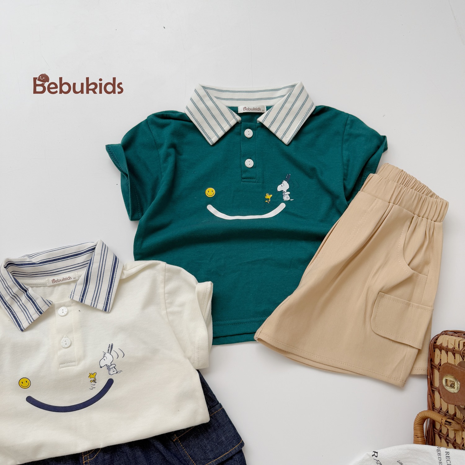 SB2230- bộ polo phối cổ kẻ in miệng cười