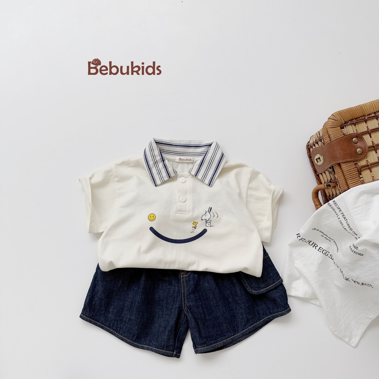 SB2230- bộ polo phối cổ kẻ in miệng cười trắng