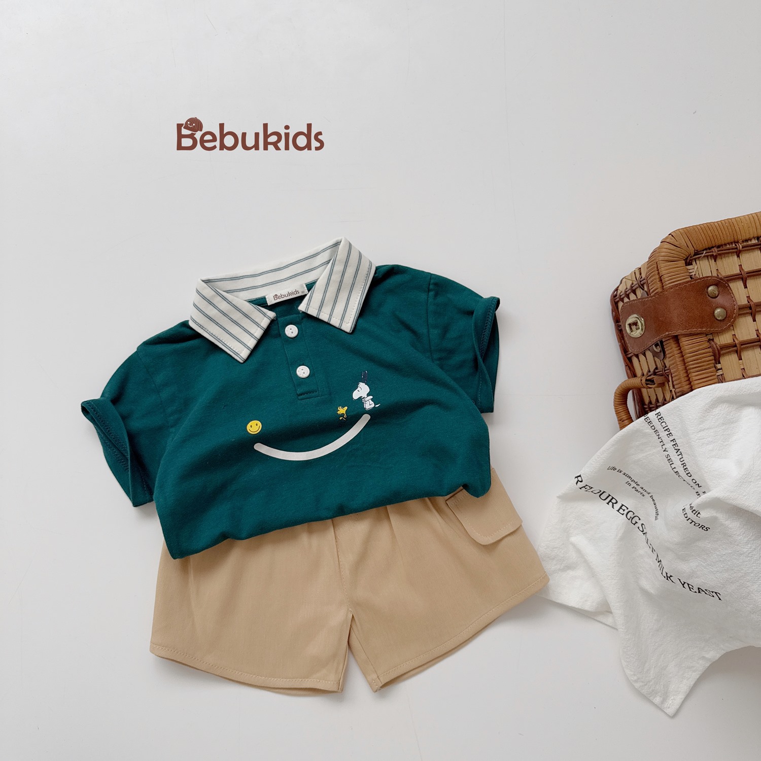 SB2230- bộ polo phối cổ kẻ in miệng cười xanh