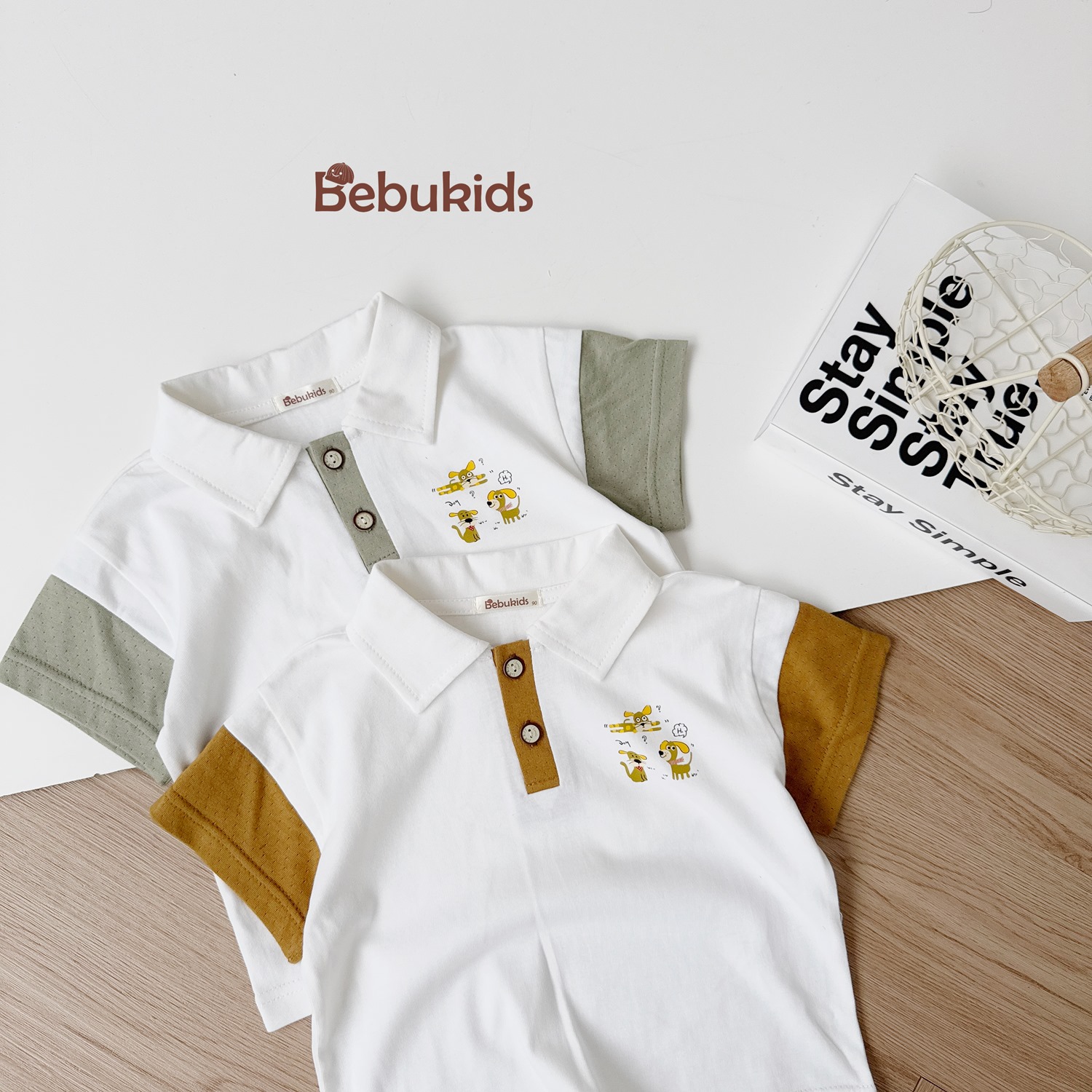SB2261- bộ polo phối nẹp, tayin 3 chú cún ngực