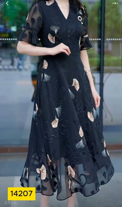 14207-Đầm voan tay loe cổ tim in lá  rẻ quạt (voan, lót)_thumbnail_0