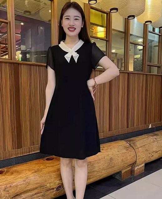 16224-Đầm xoè A đen phối cổ  trắng thắt nơ ( thun poly 2 da)_thumbnail_0