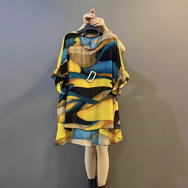 16160-Đầm suông hoạ tiết loang màu xanh vàng (voan,lót)_thumbnail_0