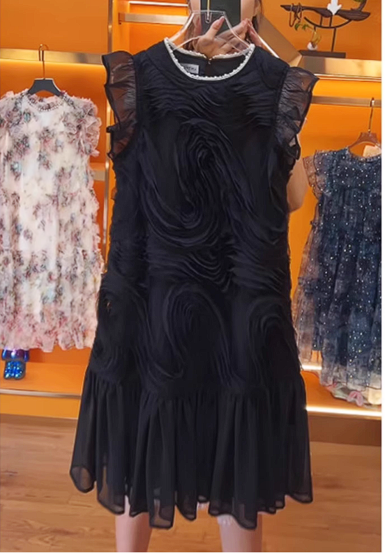 16157-Đầm suông đen tay con hoạ tiết sóng 3D ( voan tơ bọt,lót )_thumbnail_0