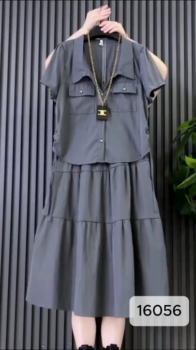 16056-Set áo tay ngắn kèm chân váy dài xám ghi ( đũi xước)