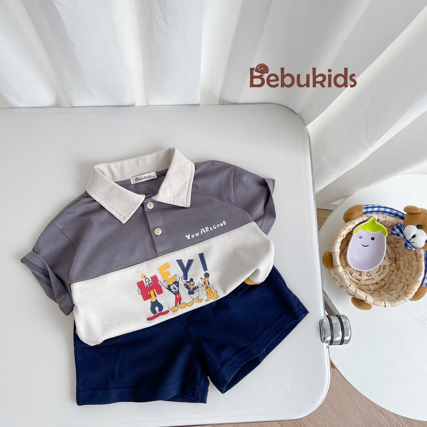 SB2255- bộ polo phối than in chuột mickey, hey áo can ghi quần navy