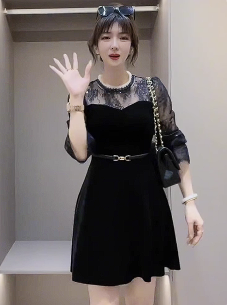 16365-Đầm xoè đen phối tay ren  kèm  nịt ( thun poly 2 da, ren)_thumbnail_0