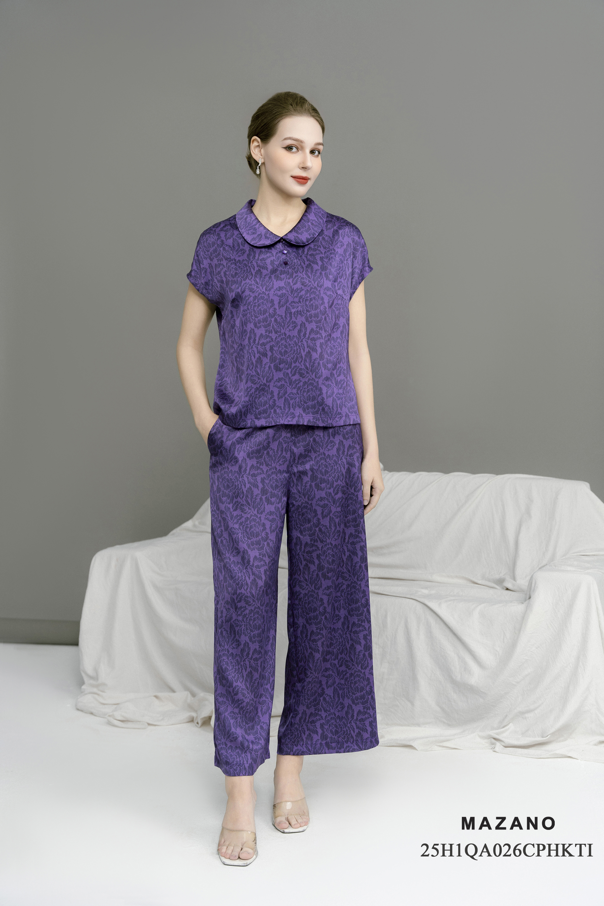 Bộ Quần và Áo suông Vải lụa Họa tiết Hoa mẫu đơn tím Cổ có lá Tay ngăn Dài quần tới mắt cá chân