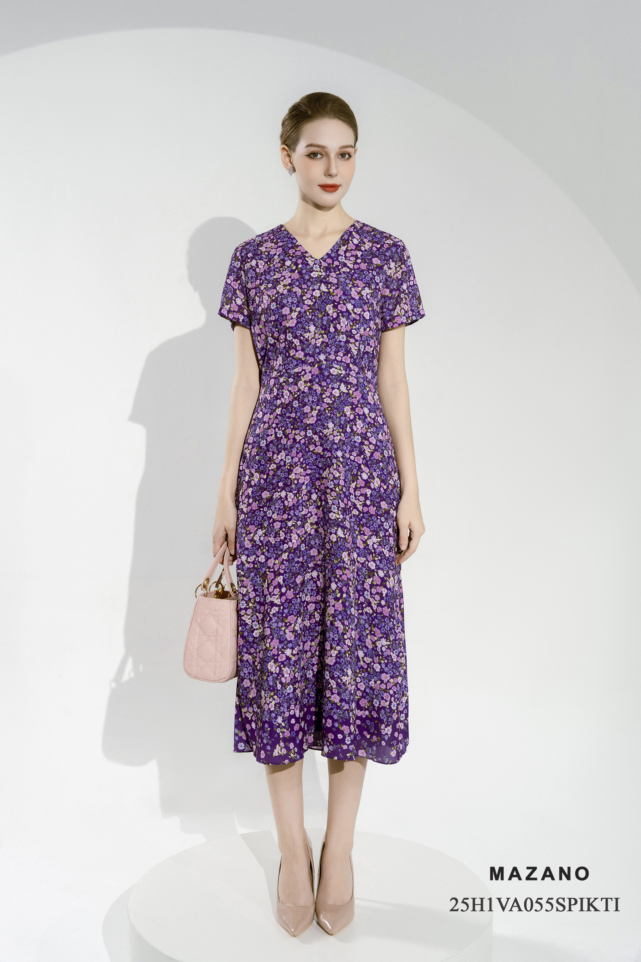 Váy Đầm Ôm Vải voan dày Hoạ tiết hoa nhí Cổ V Tay ngắn Dài ngang bắp chân