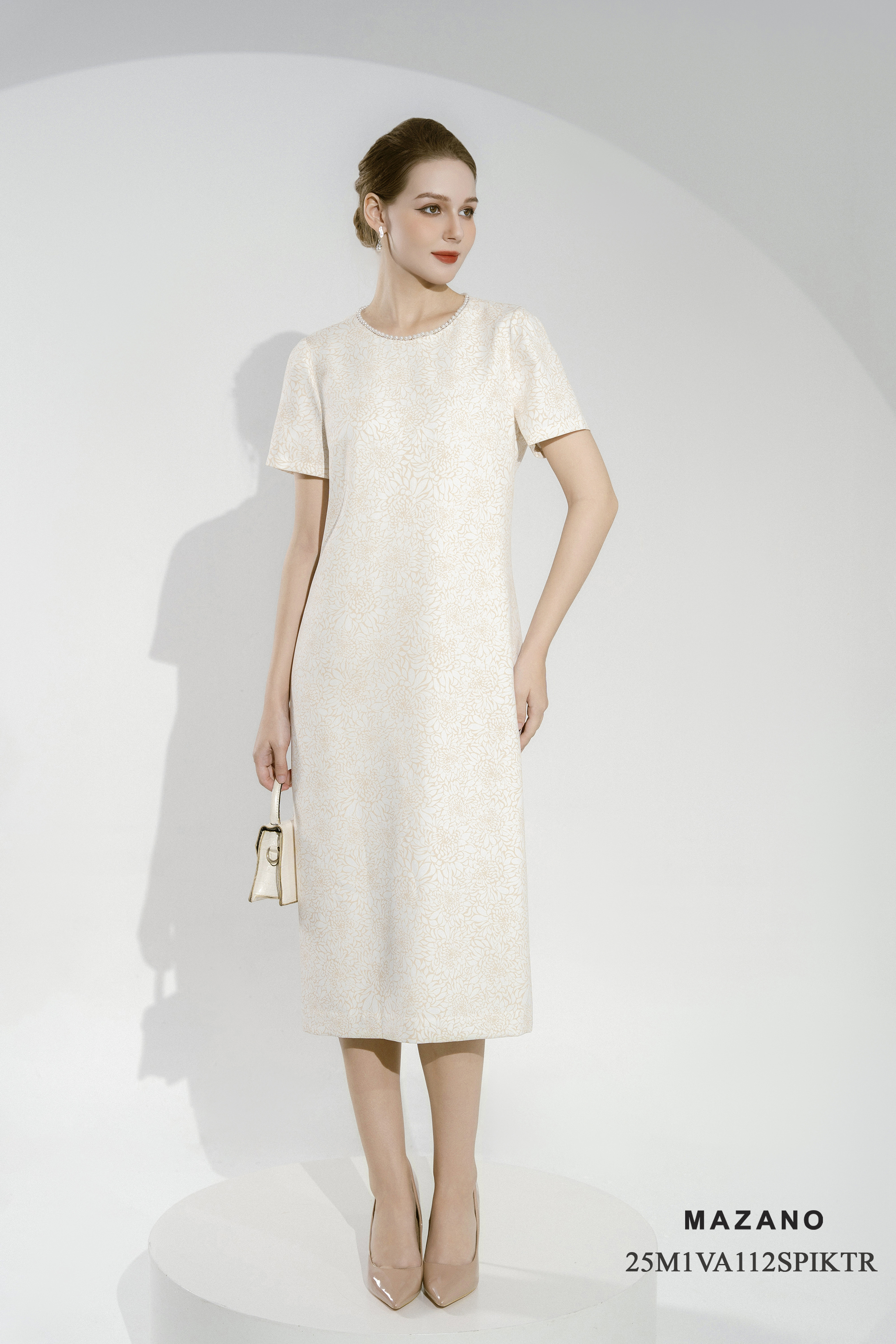 Váy Đầm Suông Vải thô chun Hoạ tiết hoa cách điệu Cổ tròn Trang trí ngọc trai Tay ngắn Dài ngang bắp chân