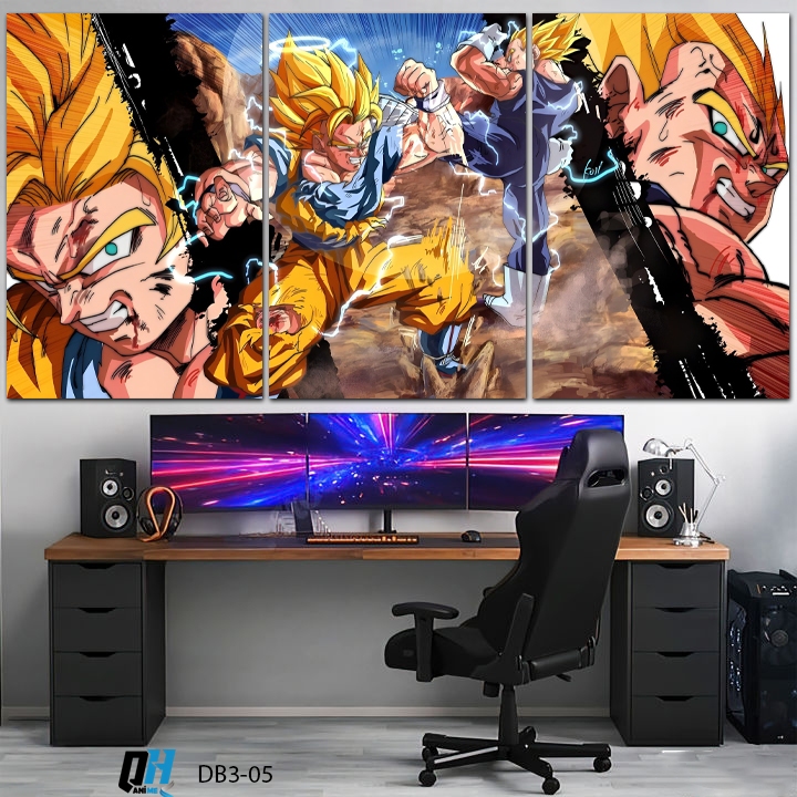 Bộ 3 Tranh Dán Tường Dragon Ball Songoku vs Vegeta,Tranh Treo Tường Decor Phòng Ngủ,Phòng Game