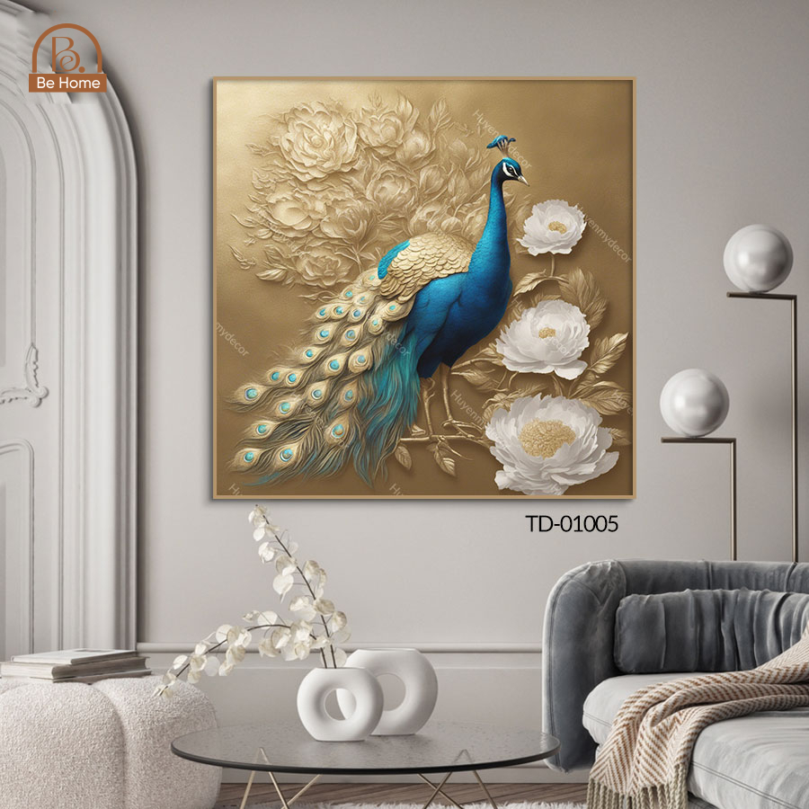 Tranh Đơn Hoa Phù Dung và Chim Công Chất Liệu Lụa Kim Sa,Trang Trí Phòng Khách, Phòng Làm Việc - BeHome Decor