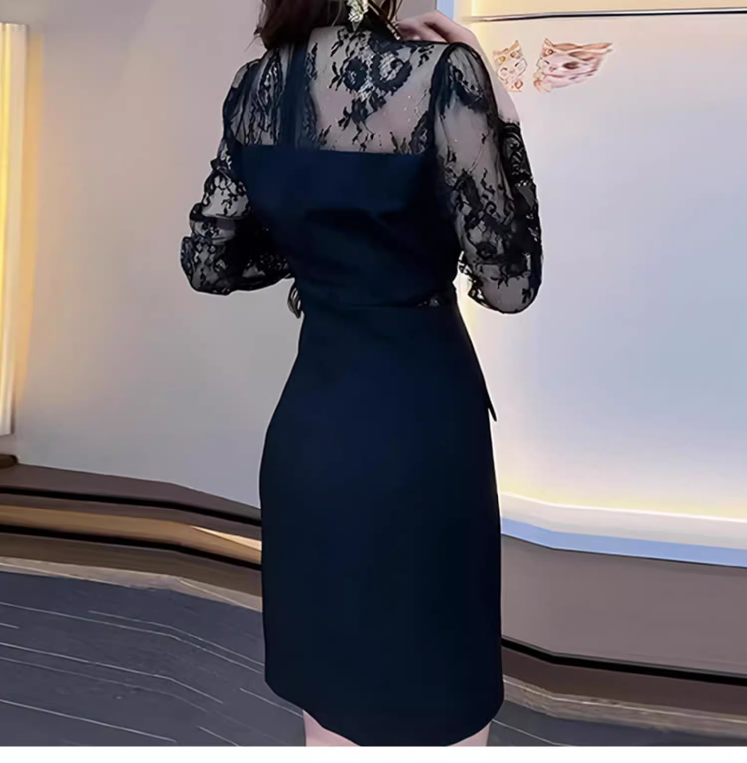 16390-Đầm body tiệc màu đen cổ vest tay dài phối ren ( chéo nhật, ren)_thumbnail_1