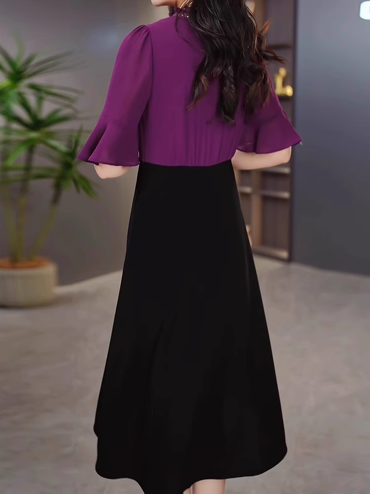 16460-Đầm xoè tay lở phối hai màu tím đen ( voan, chéo nhật)_thumbnail_2