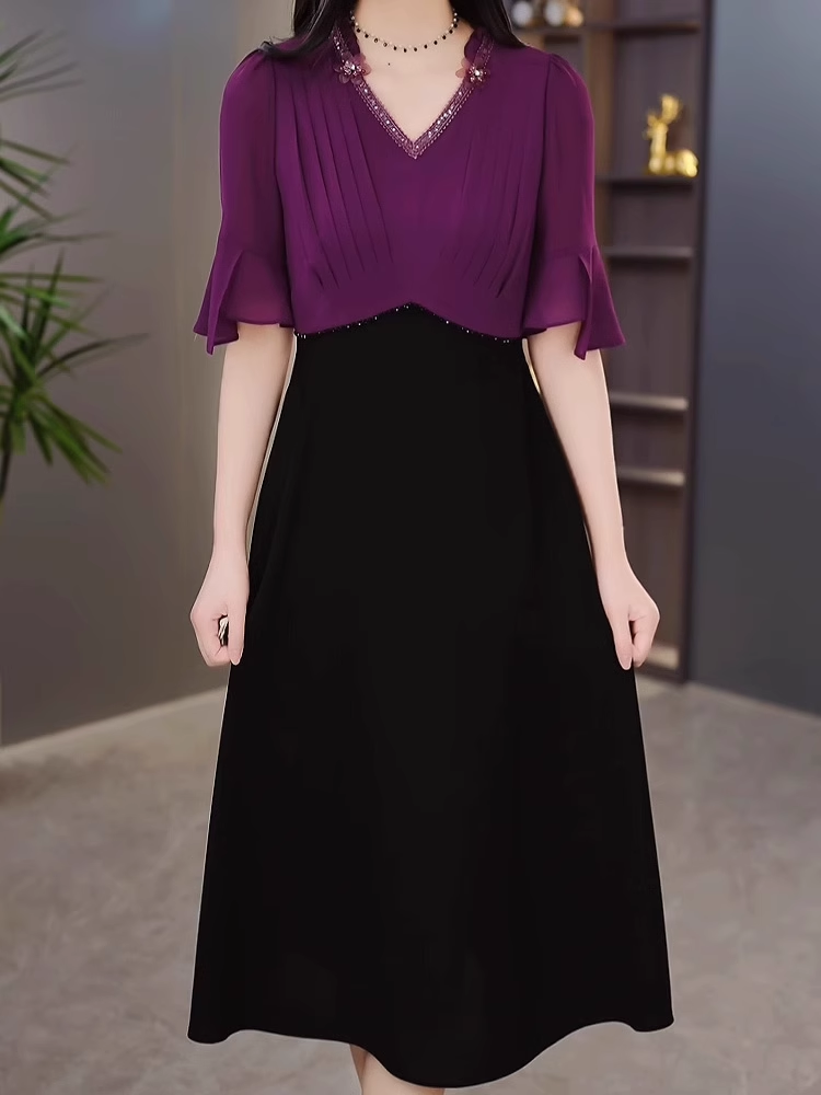 16460-Đầm xoè tay lở phối hai màu tím đen ( voan, chéo nhật)_thumbnail_0