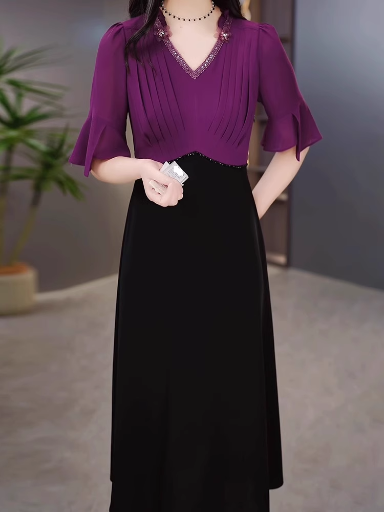 16460-Đầm xoè tay lở phối hai màu tím đen ( voan, chéo nhật)_thumbnail_1