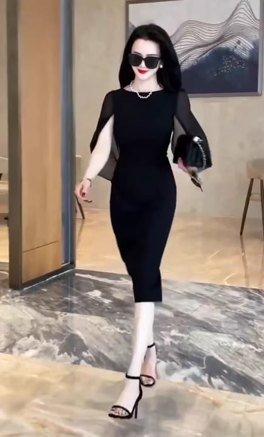 15110-Đầm body suông đen phối tay voan xẻ cánh tiên ( thun nhật, voan)_thumbnail_1