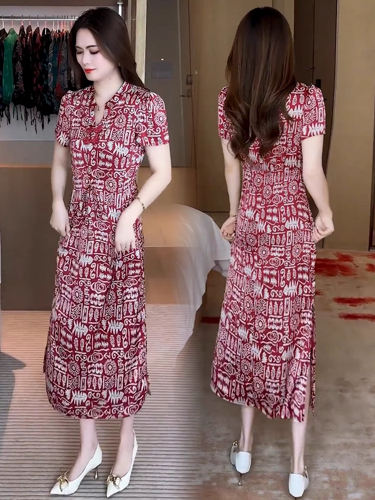 15112-Đầm suông cổ tàu  eo thắt dây họa tiets đỏ trắng ( lụa )_thumbnail_1