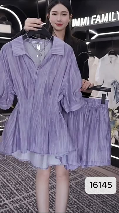 16145-Set bộ áo sơ mi kèm quần sọt tím ( voan tơ,lót)