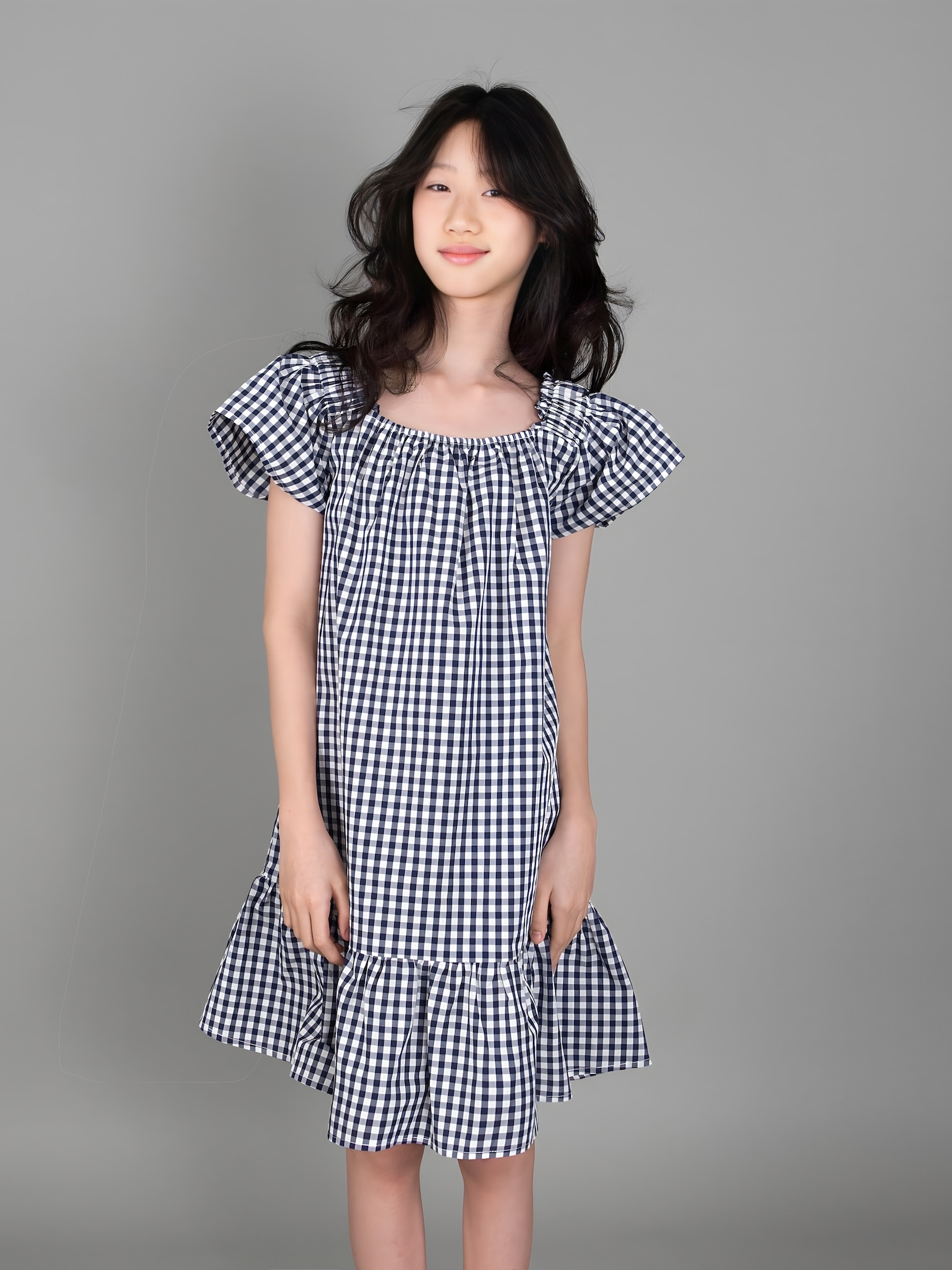 Váy kẻ caro xám trắng chun vai