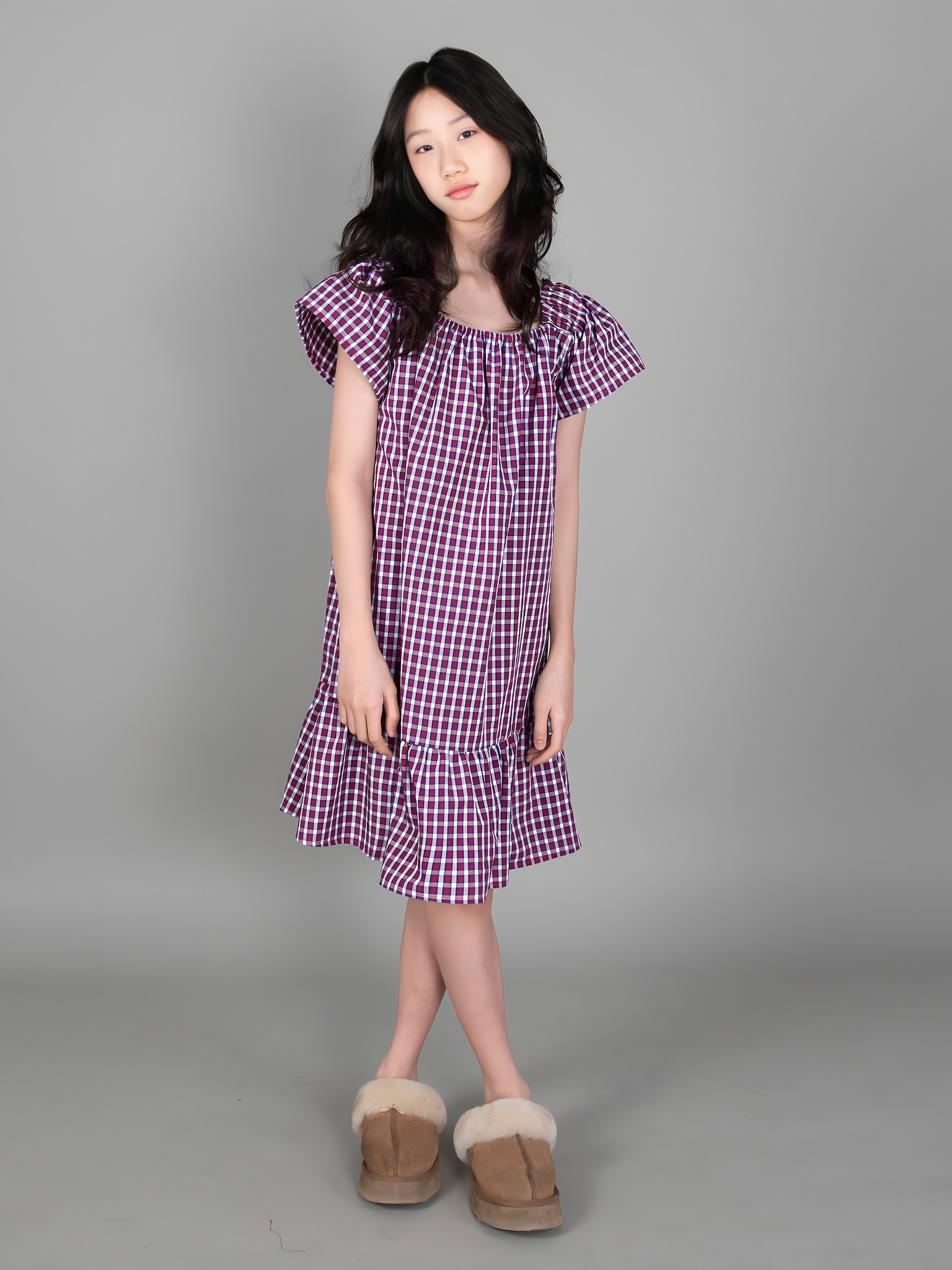 Váy kẻ caro xanh tím chun vai